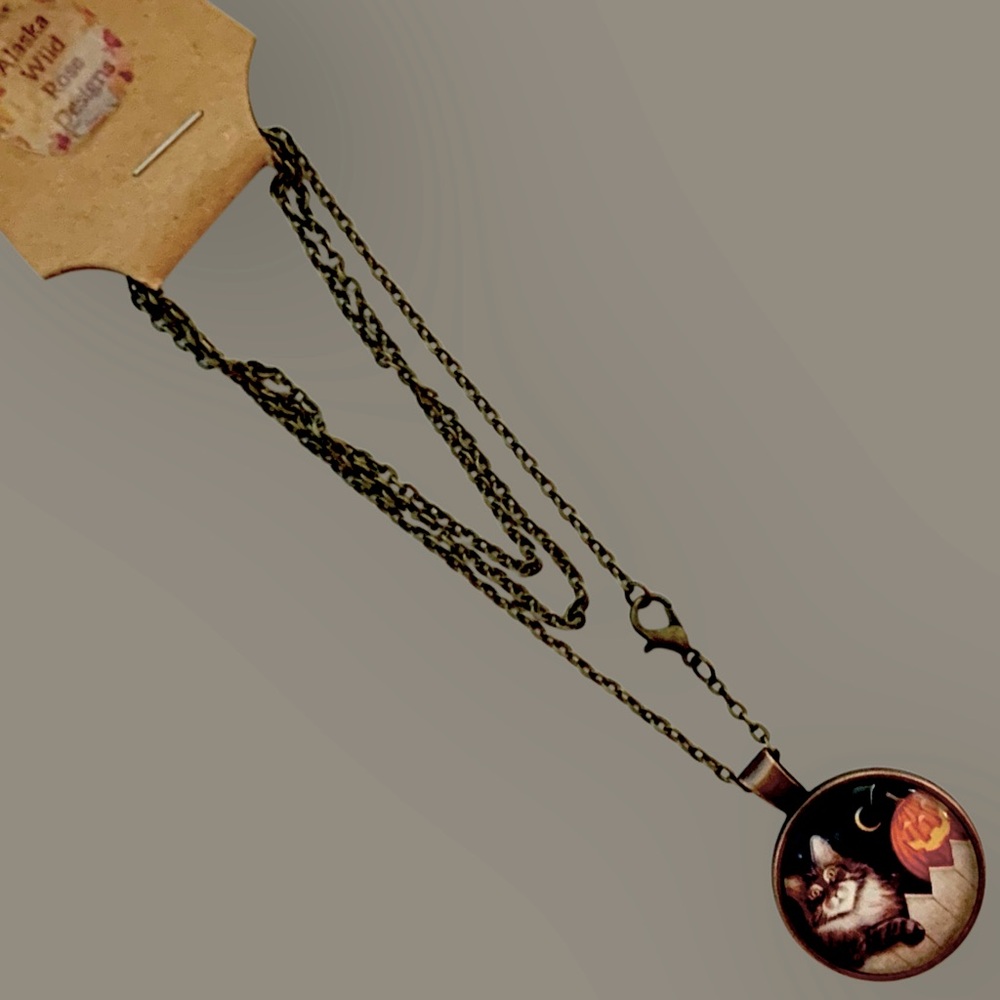 Cat and Pumpkin Jack O Lantern Pendant Necklace Handmade Halloween - Picture 6 of 6